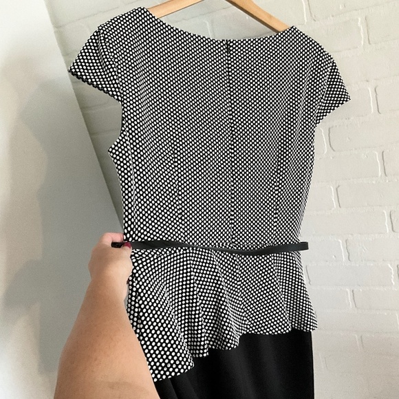 Vintage Laura Peplum dress Polka dot Belted Round neck Black White Pleated Sz 14 - Picture 7 of 11